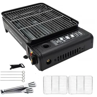 Camping Grill Set - Tragbarer Grill mit Grill, Grillpfanne, Grillpfannen-Clip - Tragbare Campingpfanne