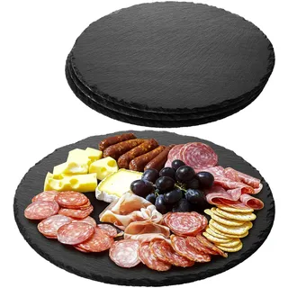 Navaris Schiefer Teller Platzset 4-teilig inkl. Kreide - Ø28cm Schieferplatten 4x Servierplatte - Servierteller Schieferplatte Sushi Geschirr rund