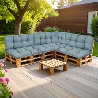 SLIPIO Palettenkissen für Europaletten, 6-TLG. Set, wetterfest, Himmelblau | Palettenpolster; FÜLLPRO+ Füllung; 2x Rückenkissen 120x40 cm + 2x Sitzkissen 120x80 cm + 60x40 + 50x50
