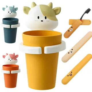 DXIA Zahnputzbecher mit Zahnbürstenhalter, Zahnbürstenhalter für Kinder mit 3 Stück Zahnbürstenhüllen, Cartoon Tiere WC Zahnbürste Zahncreme Zahnpasta, Zahnpasta-Utensilien(Beige)