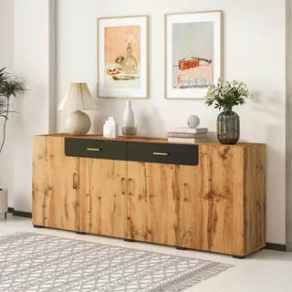 MODFU Kommode Sideboard mit 4 Türen und 2 Schubkästen, Schrank Buffet Aufbewahrungsschrank für Wohnzimmer, Schlafzimmer, Kinderzimmer, Jugendzimmer und Büro, Braun - Braun