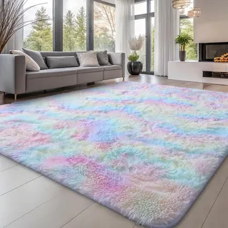smiry Hochflor Teppich Wohnzimmer, Waschbar Anti-Rutsch Moderner Flauschiger Kuscheliger Teppich für Wohnzimmer Deko, Schlafzimmer, Kinderzimmer, 80 x 150 cm, Regenbogen