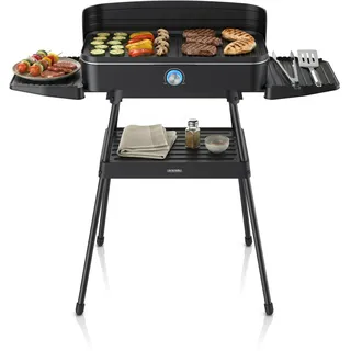 Arendo - Tischgrill Edelstahl, Elektrogrill mit Thermostat, Barbecue Standgrill 2200W, Electric Grill Geteilte Garflächen, Antihaft-Beschichtung, Standfuß mit Ablage, Spritzschutz, Für Balkon Terrasse