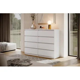 Moderne Kommode LINDA 8S - Sideboard 140 cm mit 8 Schubladen & Grifflosen Fronten (Weiß) - Weiß