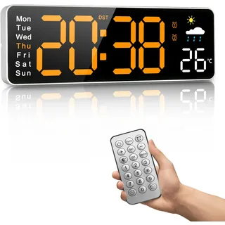 PiKaPiKaP 12'' große Digitale Wanduhr für Wohnzimmer, Fernbedienung, Dual-Alarm, großes LED-Display, automatische Helligkeit, Datum, Temperatur, Wetterbericht, Timer