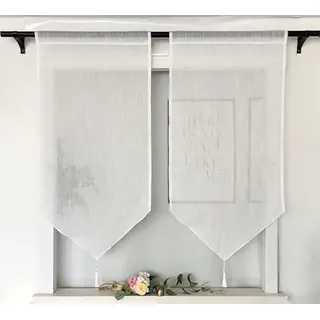 Vordesack Leinenoptik Panneaux mit Quaste Scheibengardine Kurzstore Unifarbige Weiß Bistrogardinen mit Stangendurchzug 2 Stück HxB 90x45cm