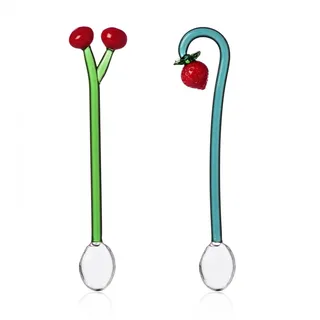 Ichendorf Milano Set mit 2 Teelöffeln, Kirschen und Erdbeere, Kollektion Fruits&Flowers, H 12 cm, Borosilikatglas, handgefertigt