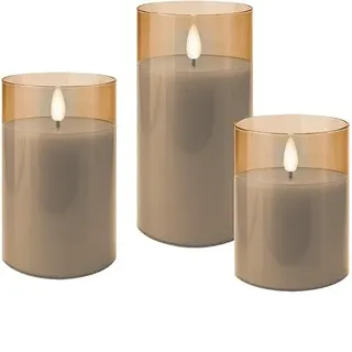 goobay LED-Echtwachskerzen im Glas, 3er-Set gold-transparent, mit Pendeldocht, Timerfunktion, batteriebetrieben, warmweiß (2700 K), Stumpenkerzen, inkl. 10x AAA Batterien, 75260