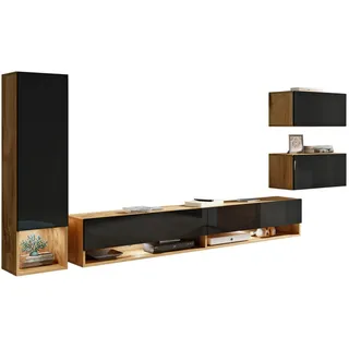 P & B Wohnwand , Eiche Wotan, Schwarz Hochglanz , Holzwerkstoff , 4-teilig , 5,1,1 Fächer , 270x130x32.5 cm , Fsc, Made in Eu , hängend, Beleuchtung , Wohnzimmer, Wohnwände, Komplette Wohnwände
