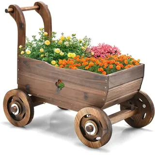 FANTASK Holz Blumenwagen mit Rädern und Griff, Pflanzwagen mit Abflussloch, Rustikaler Pflanzkarre für Garten Terrasse, Pflanztopf Bollerwagen, Schubkarre Gartendeko, Pflanzkasten