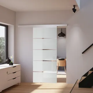 inova Glasschiebetür 880 x 2035 mm, Blockstreifen, Komplettset mit Griffmuschel, Softclose beidseitig - Transparent