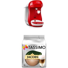Bosch TAS1006 Tassimo Happy Kapselmaschine,1300 W, platzsparend, große Getränkevielfalt, bright red + Tassimo Jacobs Typ Latte Macchiato Classico, 5er Pack Kaffeespezialität T Discs (5 x 8 Getränke)