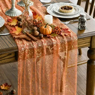 Artoid Mode Gaze Tüll Glitter Folie Orange Gold Herbst Tischläufer 70x300 cm, Küche Tisch Dekoration Drinnen Urlaub Party Dekor