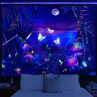 Yosugar Schwarzlicht Wald Pilz Wandteppich,UV Reaktiv Wandteppich Wandbehang, Mond Schmetterling Wandteppich für Schlafzimmer Wohnheim Party Gaming Zimmer Deko (200L x 150B cm)