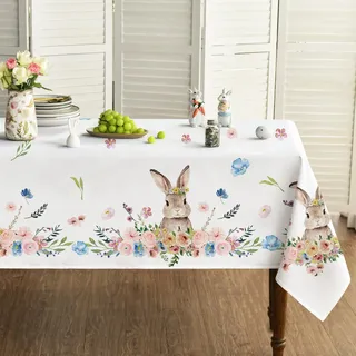 Artoid Mode Hase Blumen Blätter Ostern Tischdecke 140x110 cm, Saisonnal Frühling Fleckschutz Tischwäsche Küche Dekoration Party Dekor