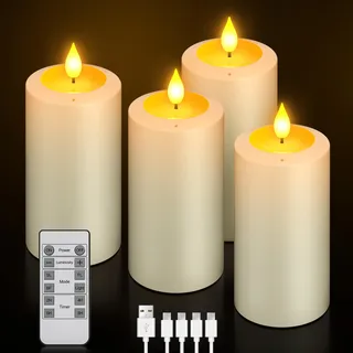 PChero 4er Set LED Kerzen Aufladbar mit Ausblasfunktion, Wiederaufladbare Kerzen Flackernd Elektrisch Stumpenkerzen mit Fernbedienung und Timerfunktion für Zimmer Tisch Halloween Weihnachten Deko