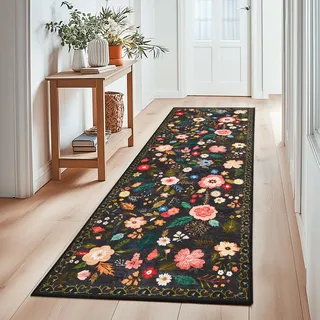 Flur Teppich Kurzflor Läufer, Blumenmuster 6mm Ultradünn, 80x150cm, Schwarz