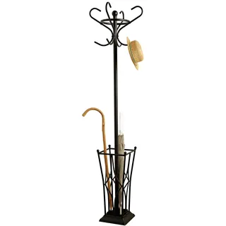 3 Pagen® Retro-Garderobenständer mit Schirmständer aus Metall – Freistehender Kleiderständer Schwarz – tropfsicherer Gitterkorb – Inkl. 8 Kleiderhaken für Jacken, Taschen & Accessoires – H 170 cm