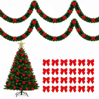 12m Girlande Weihnachten,Grün Tannengirlande mit 24 Schleifen Decorations | Weihnachtsgirlande Outdoor Innen,Weihnachtsdeko Girlande,Tanne Christmas Garland,für Balkon Türrahmen Weihnachtsbaum Deko
