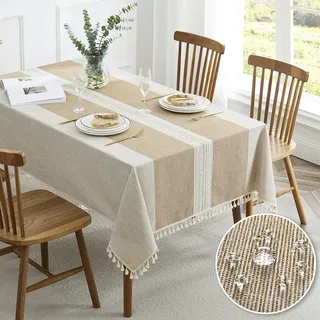 QIANQUHUI Bestickte Tischdecke für Esstisch, staubdicht, auslaufsicher, schmutzabweisend, Baumwoll-Leinen, rechteckige Tischdecken (Kaffee, rechteckig/länglich, 140 x 250 cm, 8–10 Sitze)