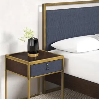 Zinus Ilsang Nachttisch 45x43x52 cm - Metall und Holz Beistelltisch - Taupe Stoff Schublade - Braun und Schwarz