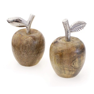 TEMPELWELT 2X Deko Figur Apfel im Set je 13 cm, Mangoholz Holz Natur braun Aluminium Silber, Dekofigur Dekoapfel Holzapfel Herbst Herbstdeko