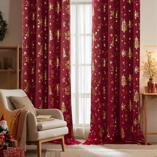 PONY DANCE Wohnzimmer Vorhänge Blickdicht Ösenschal 2er Set H 245 x B 140 cm Rot, Verdunklungsvorhänge Weihnachtsgardinen mit Foliendruck Thermovorhang Kälteschutz Winter