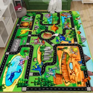 DINSUMRUG Kinderteppich Autospielteppich Roboter-Dinosaurierpark Straße 200×150 cm Dino-Straßenteppich für Spielzeugautos Jurassic-Thema Spielteppich für Kinder, Kleinkinder, Kinderzimmer