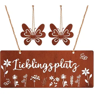 Otuuz Rostfarbe Metall Lieblingsplatz Schild zum Hängen 25 x 10 cm Dekoratives Türschild Rustikal Rost Wandschild Rostiges Gartenschild Gartendeko mit 2 Rostoptik Schmetterlinge Dekos für Sommer