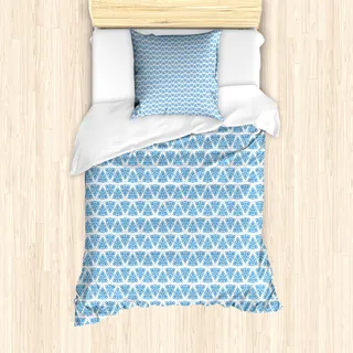 ABAKUHAUS Abstrakt Bettbezug Set für Einzelbetten, Runden und Blätter Motiv, Milbensicher Allergiker geeignet mit Kissenbezug, 135 cm x 200 cm - 80 x 80 cm, Sea-Blau und Weiß - Weiß