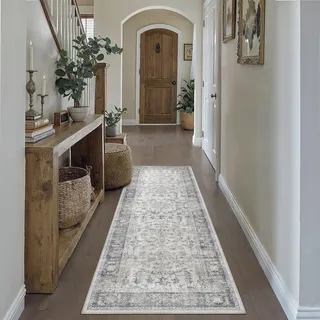PureCozy Grau LäUfer Flur Vintage Teppich 60x180cm kurzflor rutschfest Weich Waschbarer Böhmischen Blau Teppiche für Küchen Hallway Büro Wohnzimmer Schlafzimmer Retroteppiche Bettvorleger