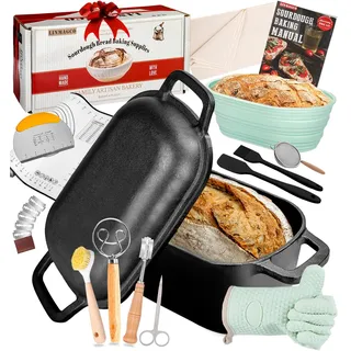 Gusseisen Brotbacktopf mit Deckel & Gärkorb – Dutch Oven für Sauerteigbrot – 4,6L Brotform mit Banneton – Komplett-Set zum Backen, Schmoren & Braten – Für Induktion & Backofen