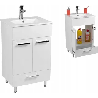 Stamar | Badezimmerschrank, 50 x 40 cm stehend, mit glänzender Oberfläche und Schublade - Weiß