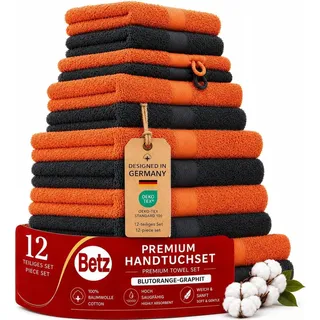 Betz Handtuch Set Premium 12-teilig 100% Baumwolle – 2 Duschtücher, 4 Handtücher, 2 Gästetücher, 2 Seiftücher, 2 Waschhandschuhe – Weiche Frottee Handtücher 470g/m2 - Farbe blutorange/Graphit