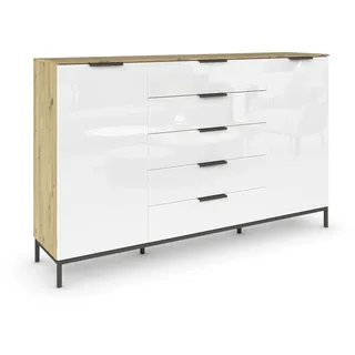Rauch Möbel Flipp, Nachttisch für Schlafzimmer, Flur, Garderobe, 2-türig, 5 Schubladen, mit Softclose-Funktion, Griffe und Metallkufe Graphit, Farbe Eiche Artisan, Holz/Glas Weiß, Breite 180 cm