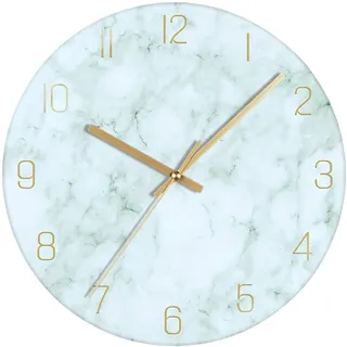 VIKMARI Glas Wanduhr, 30 cm Leise Nicht Tickend Batteriebetriebene Marmor Wanduhren, Runde Vintage Grün Wanduhr für Küche Wohnzimmer Schlafzimmer