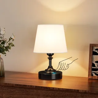 PreeOtti Tischlampe Kabellos Klein, Touch LED Nachttischlampe Akku, Stufenlos Dimmbar, Weißer Leinenschirm, Wiederaufladbare Lampe mit USB-C Anschluss für Nachttisch Esszimmer Wohnzimmer Deko(Schwarz)
