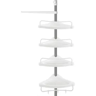 Songmics Duschregal höhenverstellbar, Eckregal fürs Badezimmer, Badregal, 95-300 cm, Boden bis Decke, Edelstahl, 4 Ablagen, 3 Haken, 1 Handtuchhalter, weiß-silbern BCB02SW