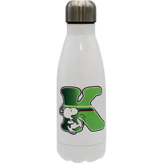 CYPBRANDS Snoopy-Edelstahl-Wasserflasche, hermetischer Verschluss, mit mehrfarbigem Buchstaben-K-Design, 550 ml, weiße Farbe, offizielles Produkt