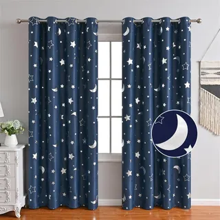 Freyamy Vorhang Blickdicht Dunkelblau Mond Sternenvorhänge 2 Stück,130x100cm (HxB) Niedliche Vorhänge mit Ösen Lichtundurchlässig thermovorhang kälteschutz Gardinen Lärmschutz für Kindervorhänge