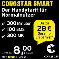 congstar Smart Tarif [SIM, Micro-SIM und Nano-SIM] monatlich kündbar (8,00 Euro/Monat, 300 MB Datenflat mit max. 7 Mbit/s, monatlich 300 Minuten und 100 SMS) in bester D-Netz-Qualität