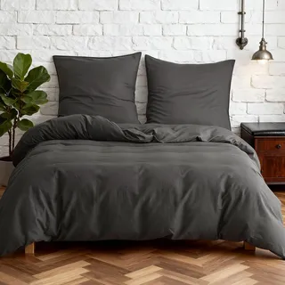 Simple&Opulence Halbleinen Bettwäsche 135x200, Atmungsaktiver Bettbezug Set aus Baumwolle und Leinen mit 80x80 cm Kissenbezug,Oeko-TEX Sommerbettwäsche 2tlg,Anthrazit