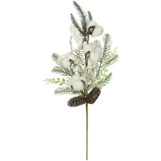 Künstlicher Tannenzweig mit Beeren Zapfen Eukalyptus Baumwolle beschneit 63cm Dekozweig Tannengrün Adventskranz Deko Zubehör Kranz Weihnachtsdeko Stiel Kunstzweig Kunstblume AST, 63 cm