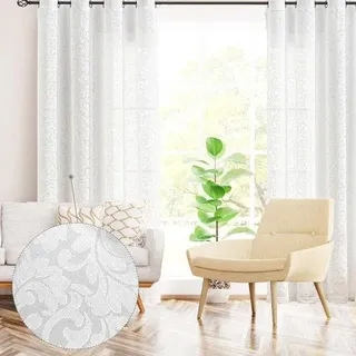 Klassische Blumen-Gordinen, weiß, halbtransparent, 140 x 225 cm - Weiß