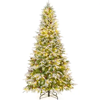 COSTWAY Künstlicher Weihnachtsbaum 225cm, Tannenbaum mit Schnee, 470 warmweißen LEDs & 81 Tannenzapfen, Christbaum, Kunstbaum Weihnachten - Grün, Weiß