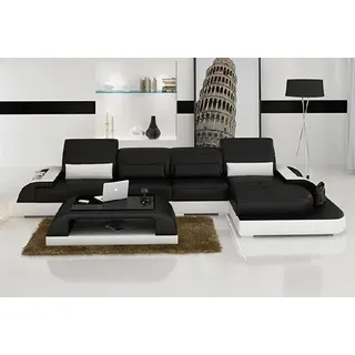 Beige Sofa Ecksofa Wohnlandschaft LED Licht Polster Sitz Garnitur Ledersofa USB - Schwarz