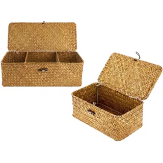 2 Stück Natürliches Gewebt Geflochtener Rechteckig Rattan Korb, Aufbewahrungskorb mit Deckel, Aufbewahrungskorb Geflochten zum Organisieren von Snackspielzeug, Helles Orange