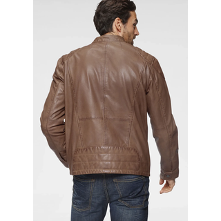 Lederjacke BRUNO BANANI "Flint", Herren, Gr. XL (54), braun (cognac), Obermaterial: 100% Lammnappaleder. Futter: 100% Baumwolle. Ärmelfutter: 100% Polyester, used, tailliert, mit Knopf, Jacken Lederjacke, aus Lammnappaleder, taillierter Schnitt, Bikerkragen, Used-Optik