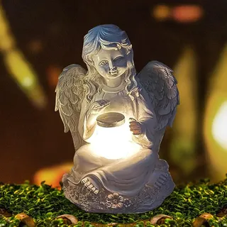 Lotvic Engel Gartenfiguren, Solar Grablichter für Draußen, Gartendeko Ornament, Sitzende Elfen Gartenfiguren, Garten Statue, Harz Elfen Skulptur mit Flügeln (Engel)
