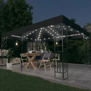 The Living Store Pavillon mit Doppeldach & LED-Lichterkette 3x4 m Anthrazit - Grau